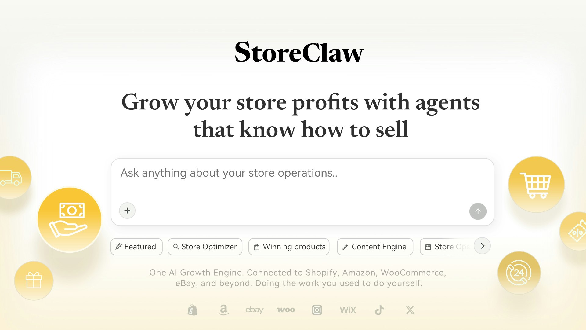 StoreClaw AI commerce platform screenshot showing autonomous selling agents dashboard