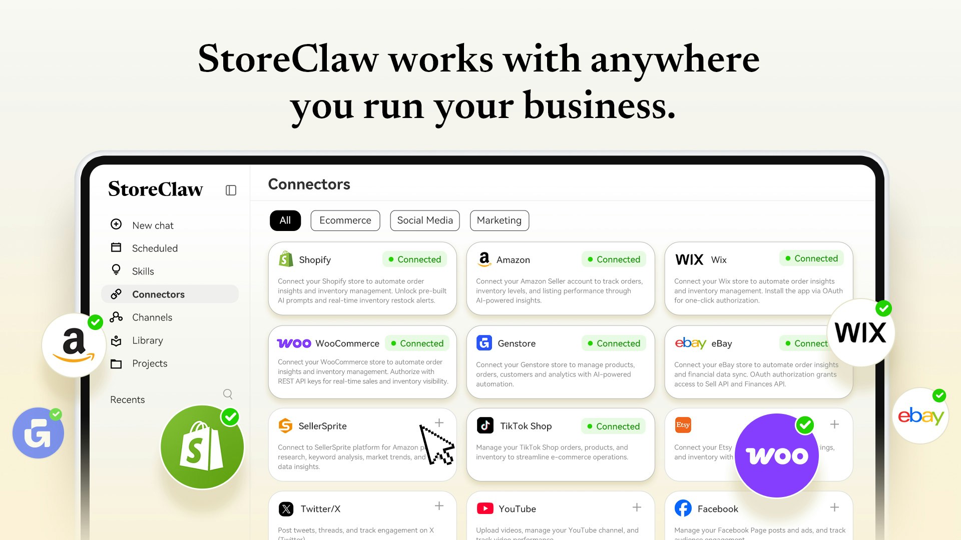 StoreClaw AI e-commerce automation platform interface showing store analytics and agent recommendations