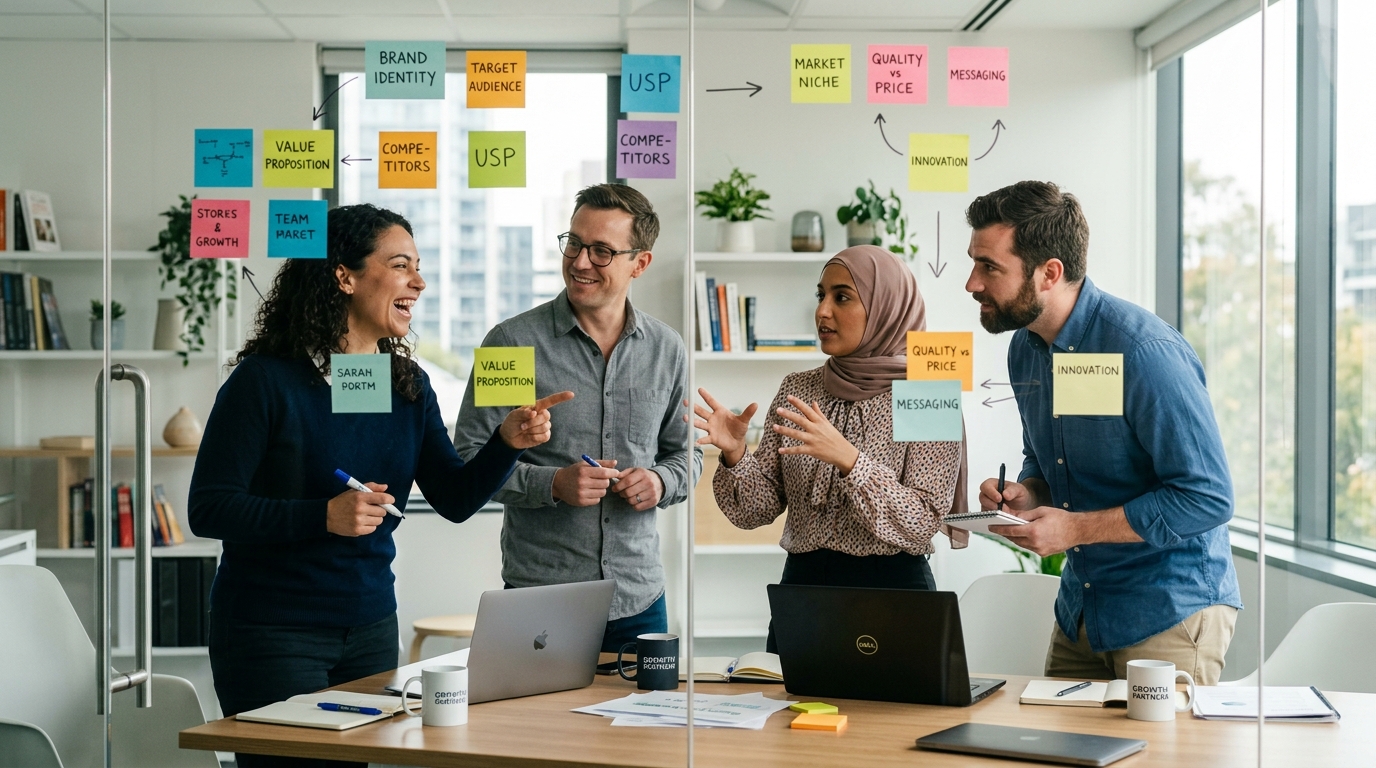 Small business team discussing unique selling proposition and brand differentiation strategy