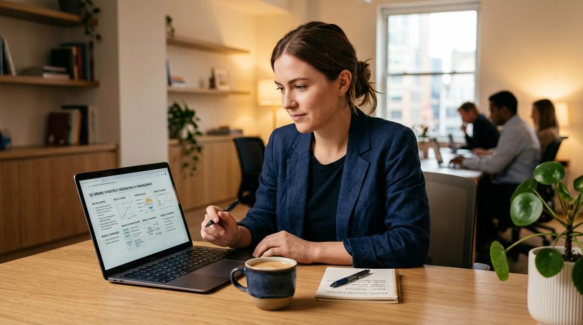 Marketing professional reviewing unique selling proposition strategy on laptop in modern office
