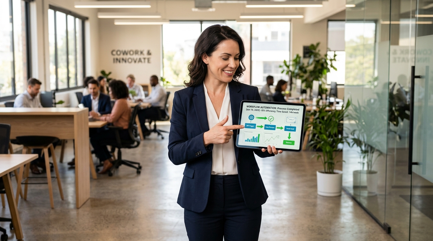 entrepreneur reviewing automation workflow on tablet in modern coworking space, ways to make money online using business automation