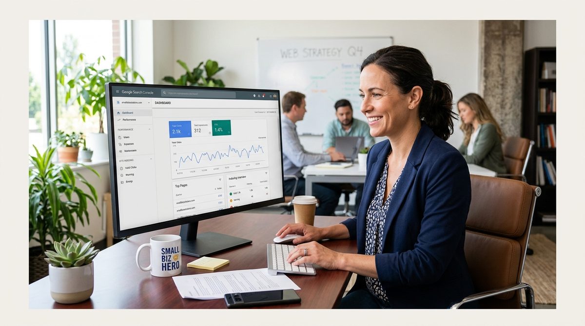 small business owner setting up webmaster tools to monitor website performance