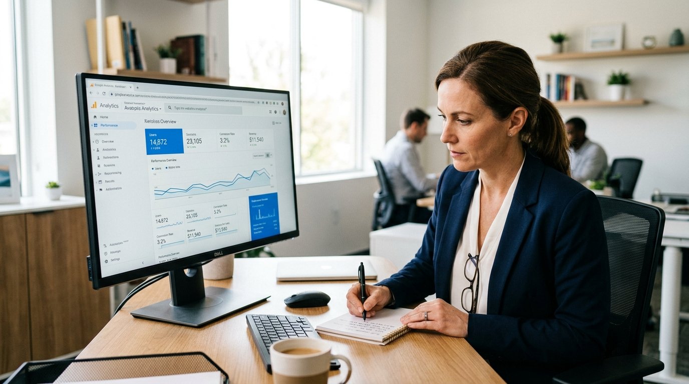 website audit analytics — small business owner reviewing SEO performance data on monitor