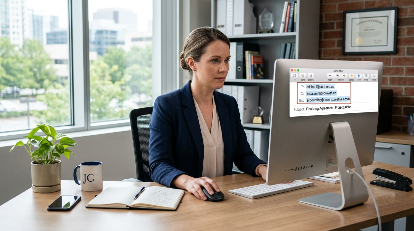what does bcc mean in email — professional composing email on laptop reviewing recipient fields in modern office