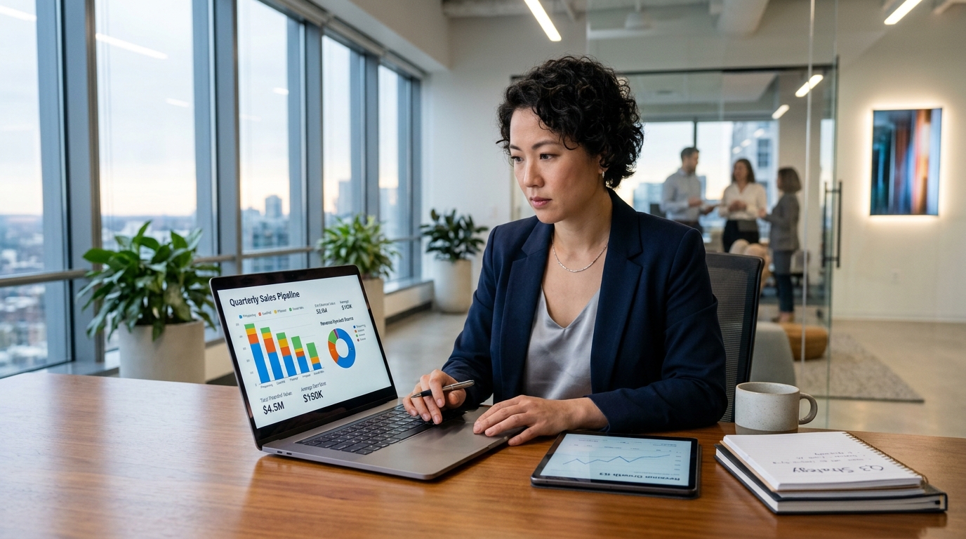 what is revenue business dashboard entrepreneur reviewing financial metrics on laptop in modern office