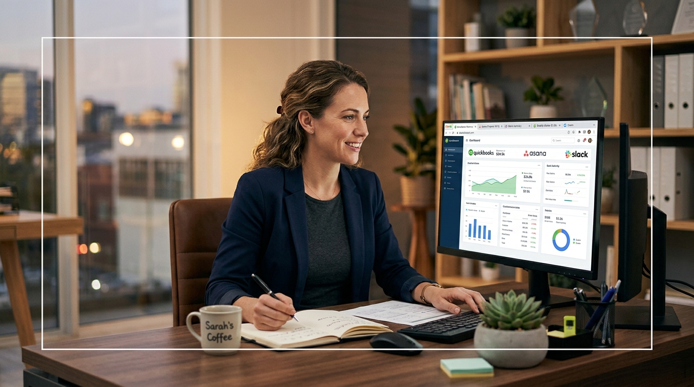 small business owner reviewing SaaS subscription dashboards on monitor what is saas