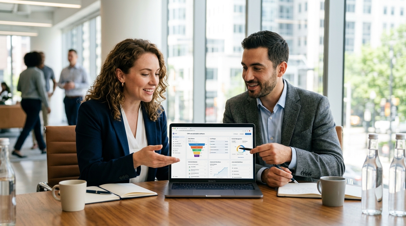 what is saas business colleagues reviewing CRM automation software on laptop