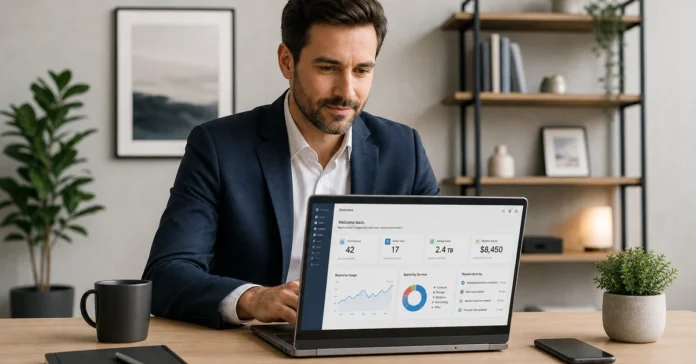 what is saas business professional reviewing cloud software on laptop