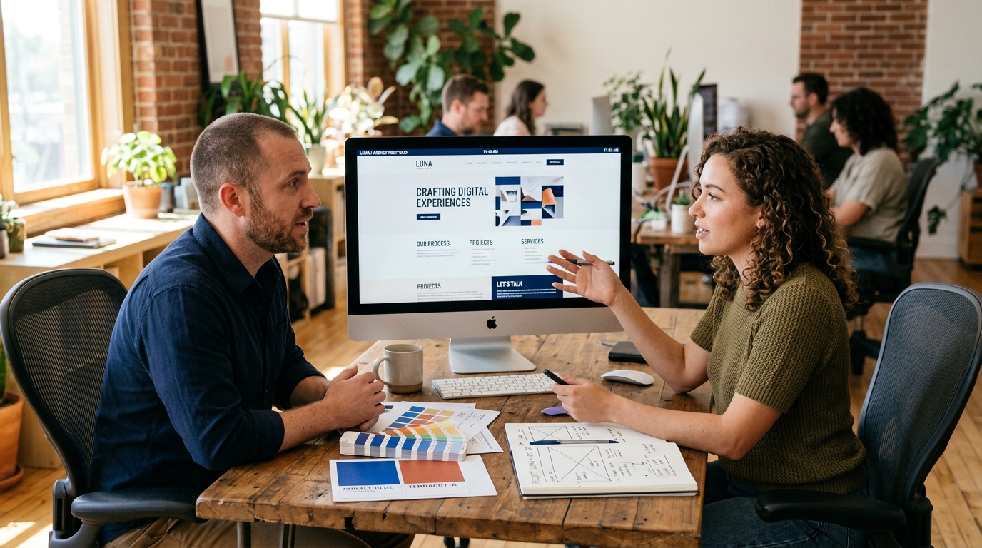what is web design team collaboration reviewing website mockup on monitor
