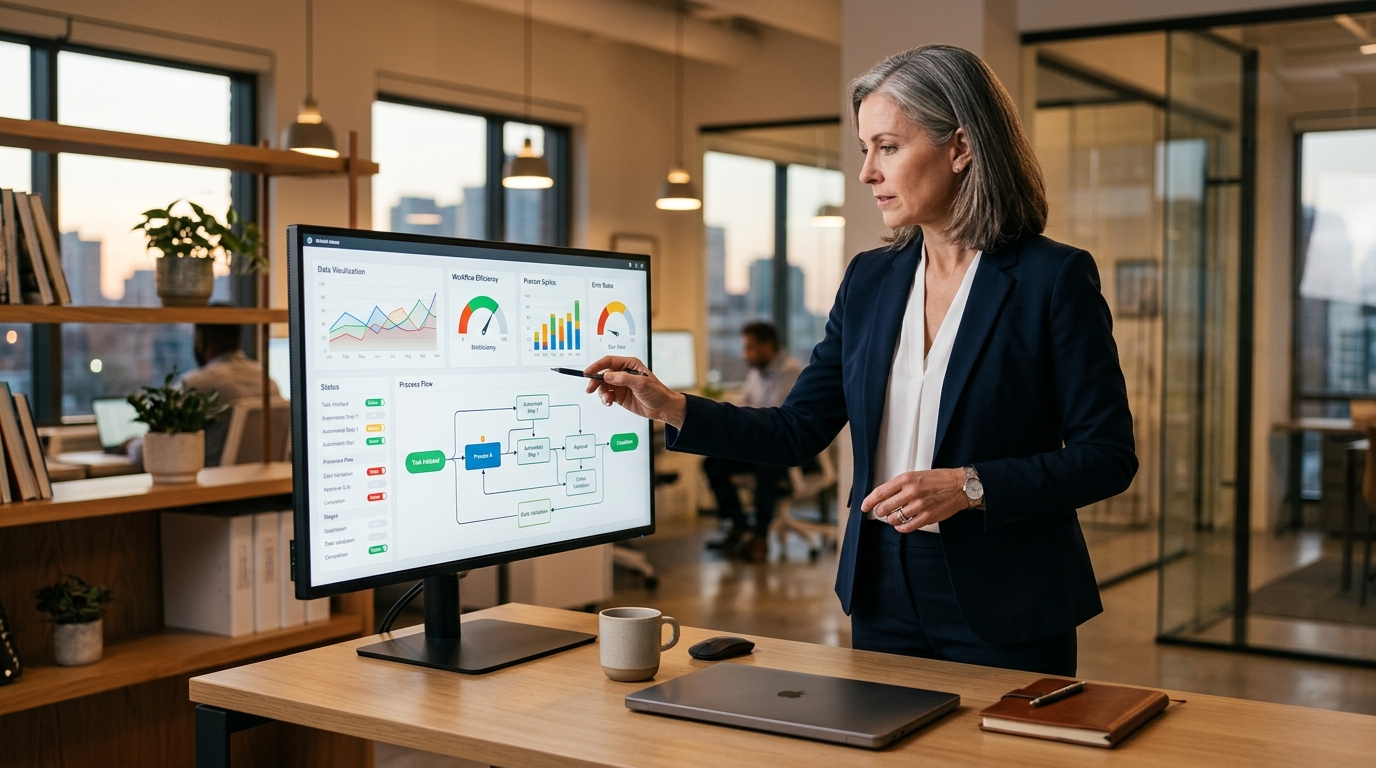 ai workflow automation dashboard review — business owner at computer with Automated Sales Machine