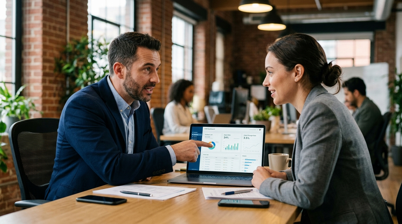 business professionals reviewing CRM email marketing analytics on laptop — Automated Sales Machine
