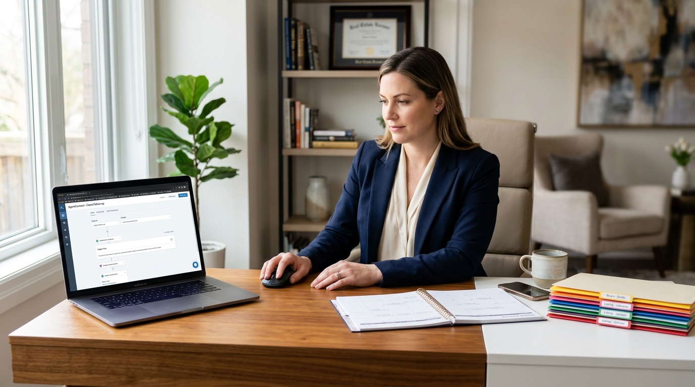 real estate agent reviewing crm software with email marketing follow-up sequences — Automated Sales Machine