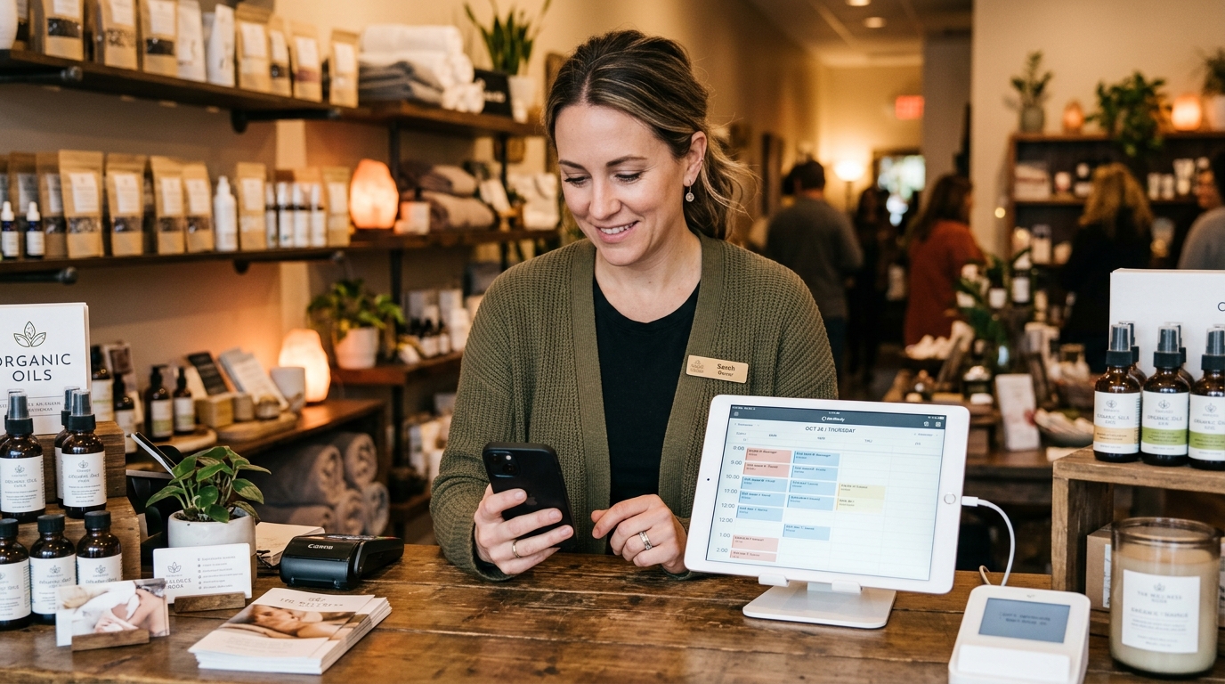 small business owner using business texting software for SMS customer service and appointment reminders
