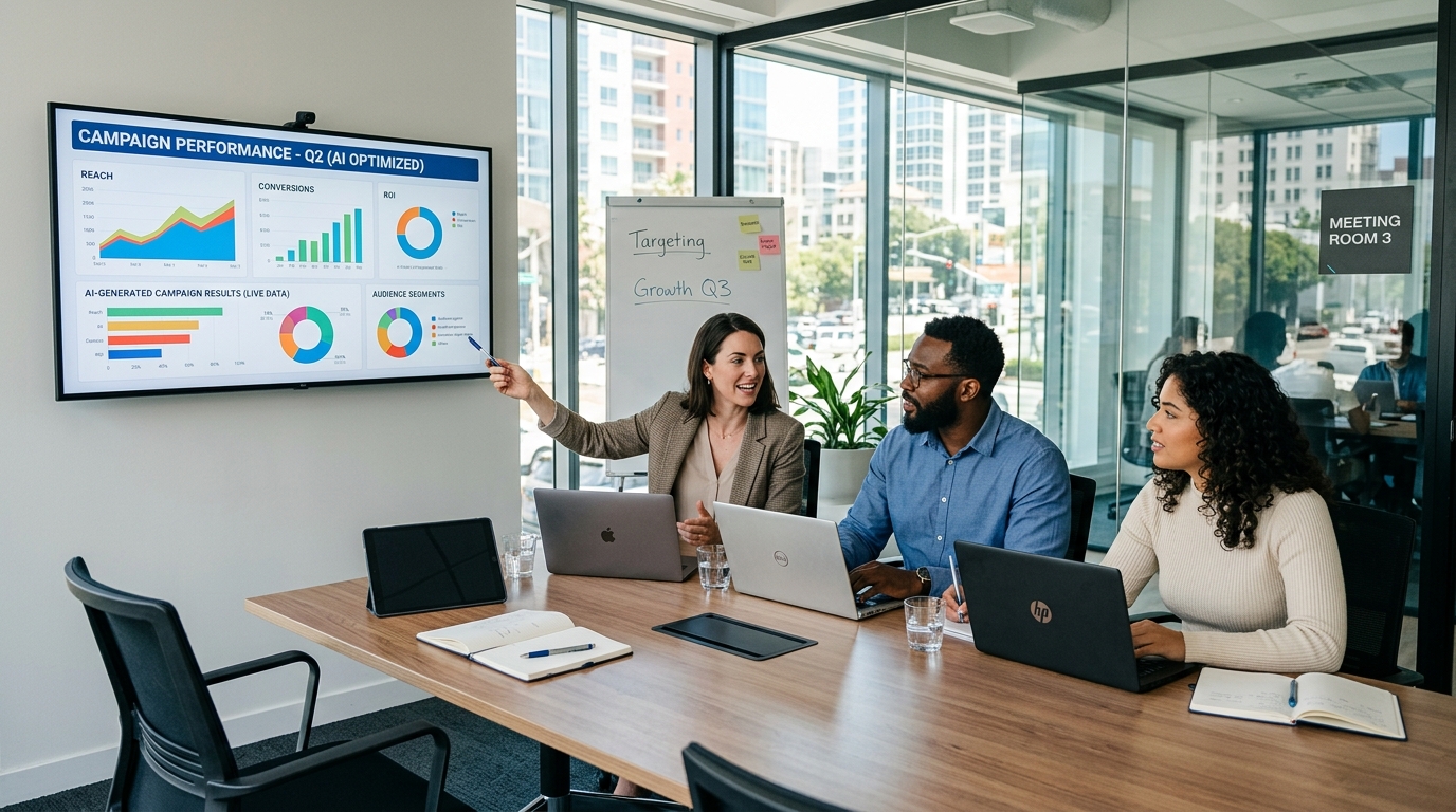 marketing team using ai tools for marketing in modern office with analytics on wall screen