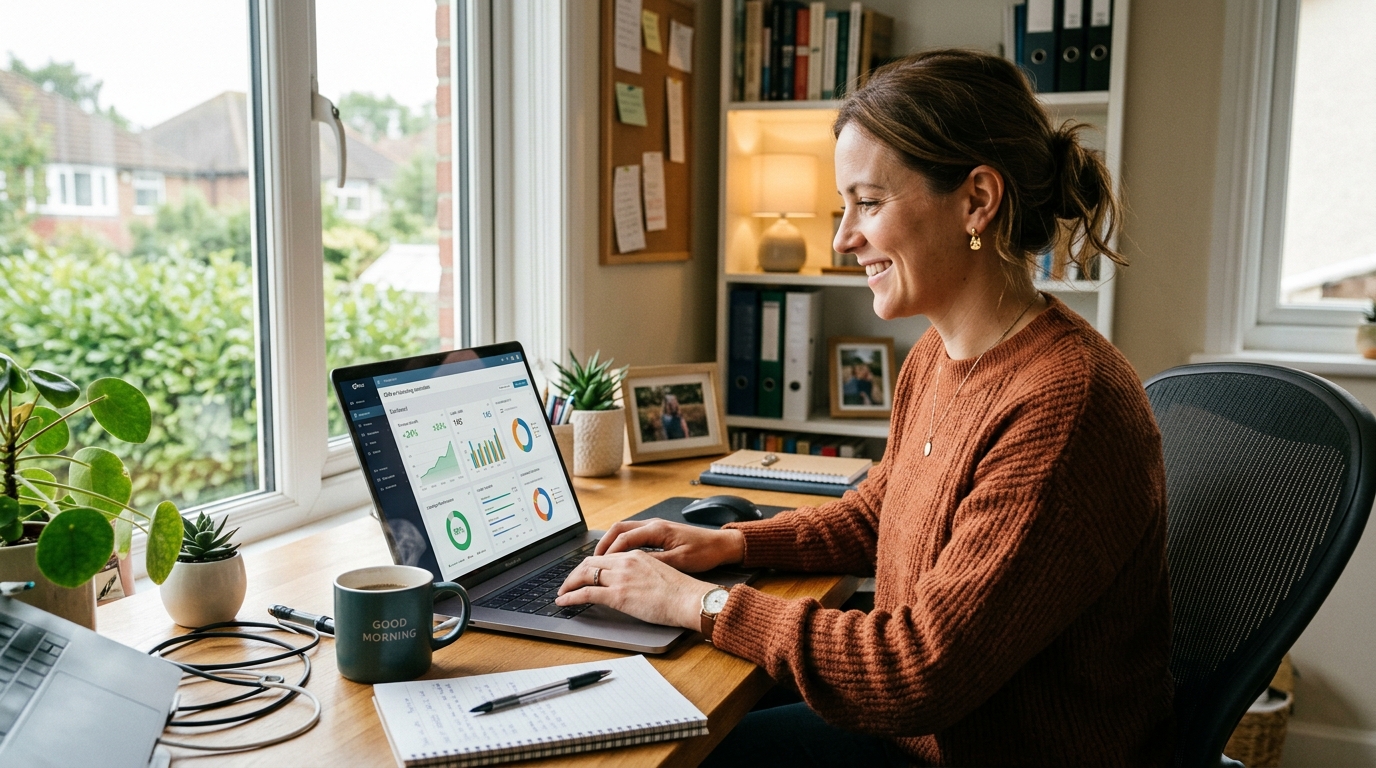 small business owner using ai tools for marketing on laptop in home office Automated Sales Machine