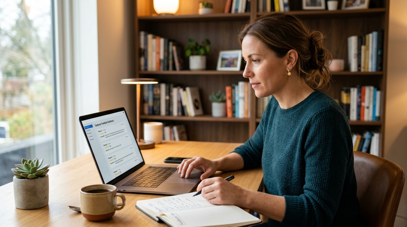 small business owner reviewing customer feedback management tools on laptop