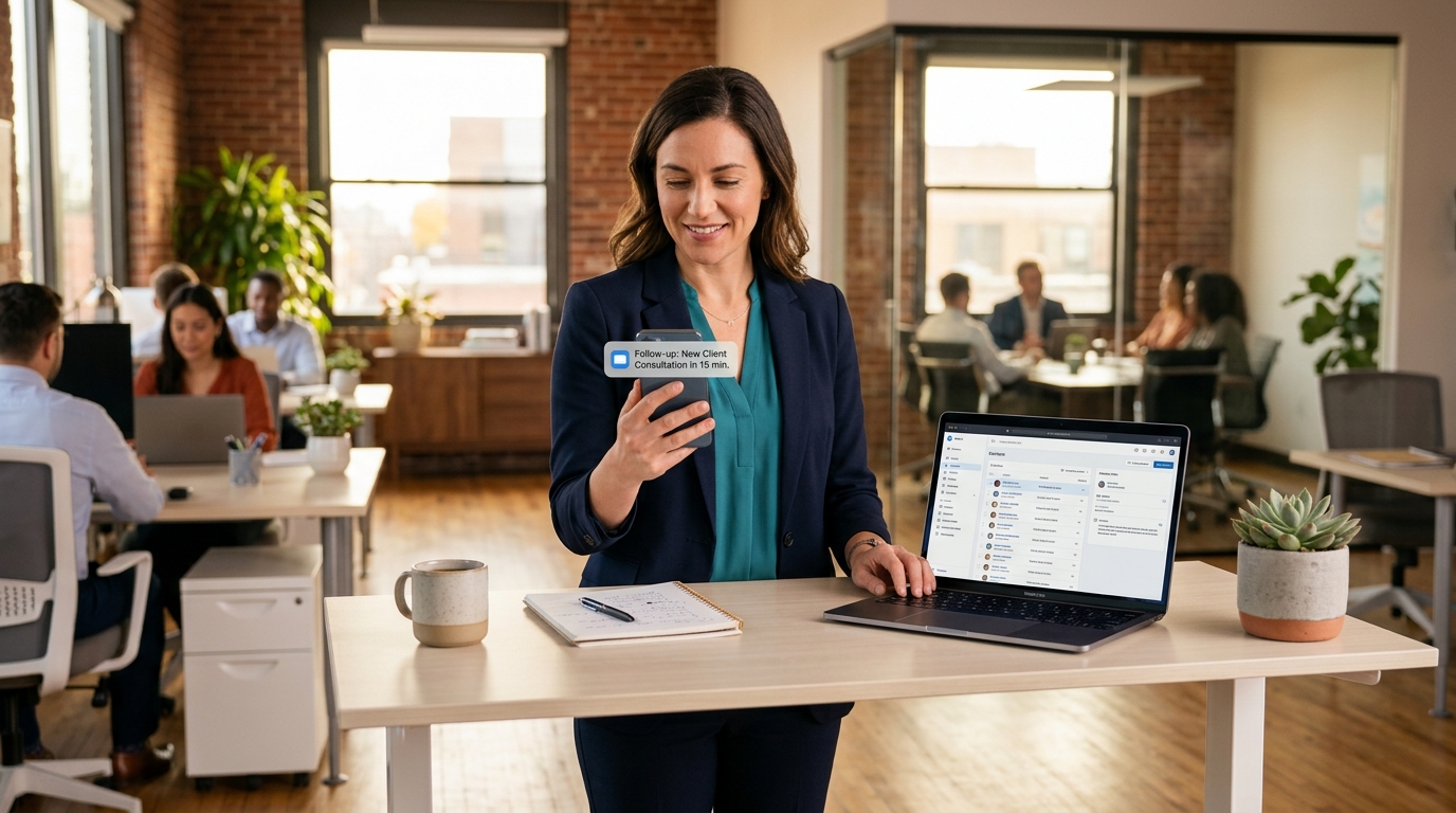 contact management software for small business owner at standing desk - Automated Sales Machine