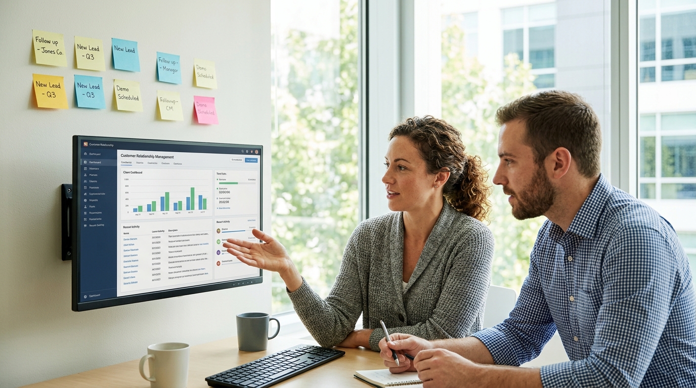 small business sales team reviewing contact management software - Automated Sales Machine