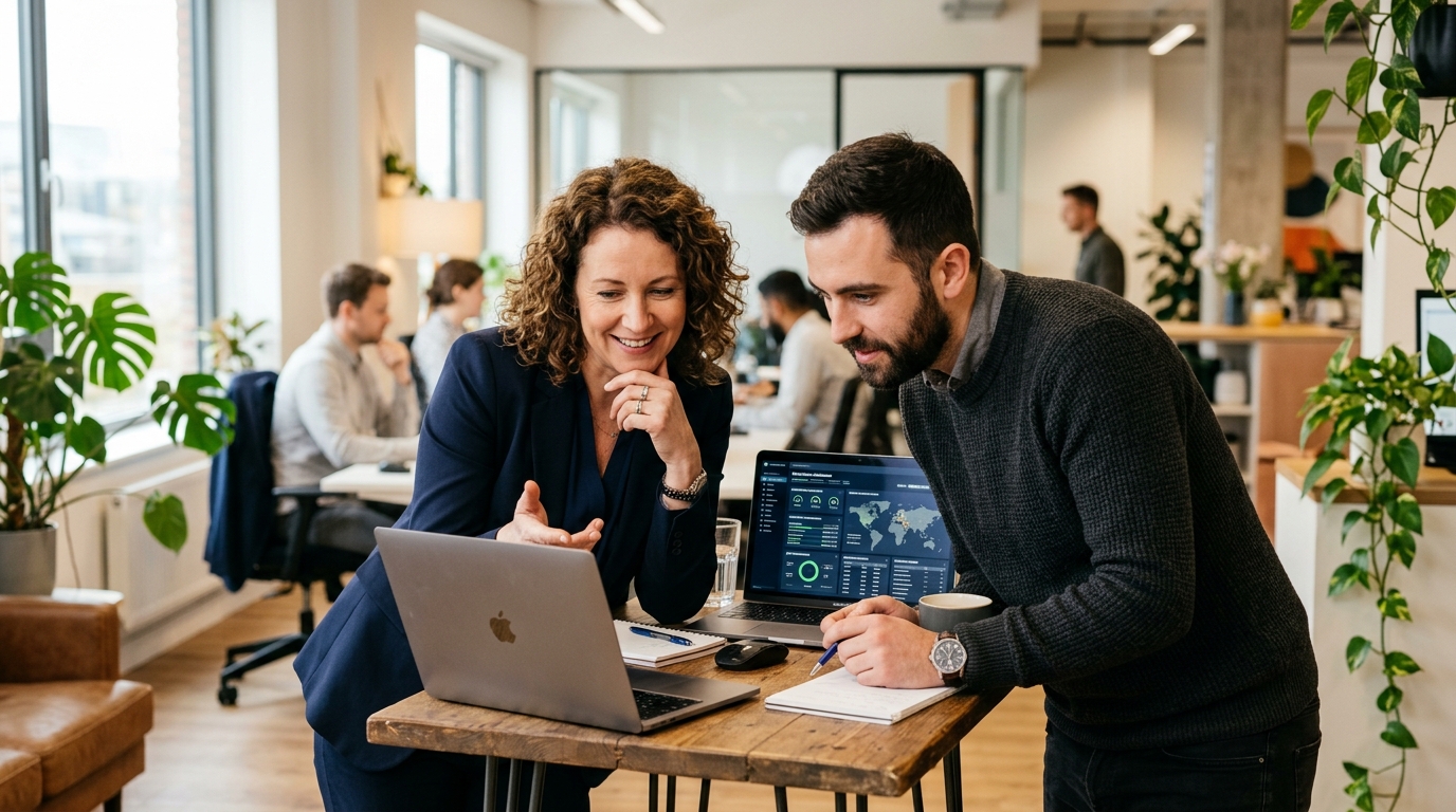 Cyndra AI review — business team reviewing AI-powered workflow automation in a modern office, Automated Sales Machine alternative