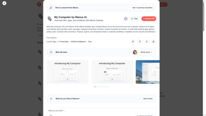 My Computer by Manus AI review featured on Product Hunt listing - Automated Sales Machine