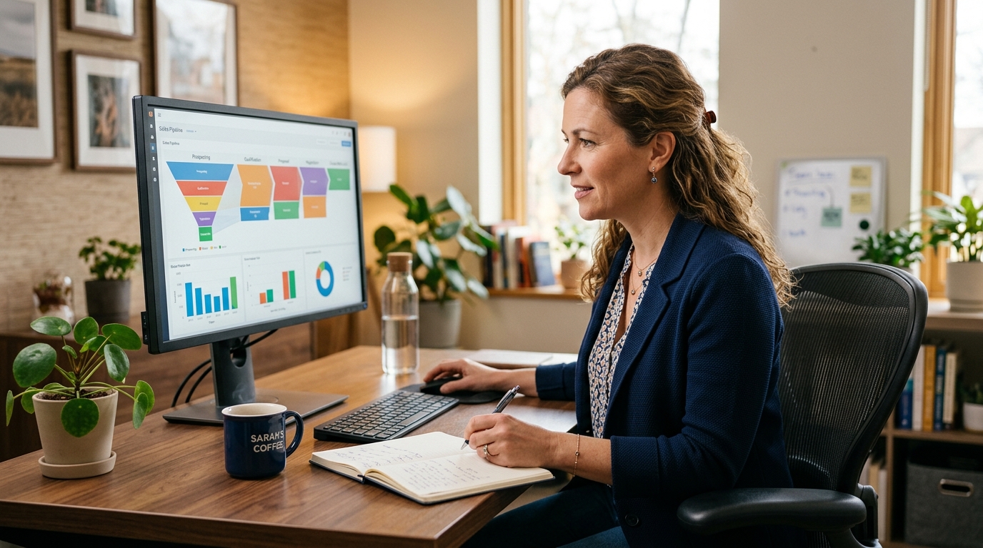 small business owner using sales pipeline management software - Automated Sales Machine