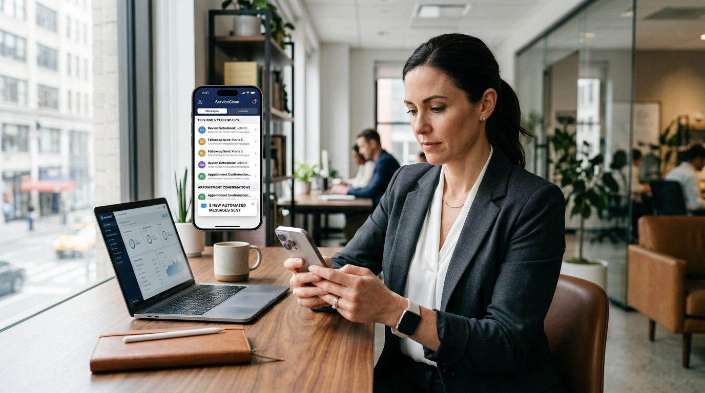 workflow automation benefits Automated Sales Machine service business owner reviewing automated CRM follow-up messages on smartphone