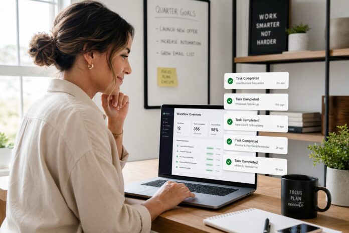 workflow automation benefits Automated Sales Machine business owner reviewing automation results