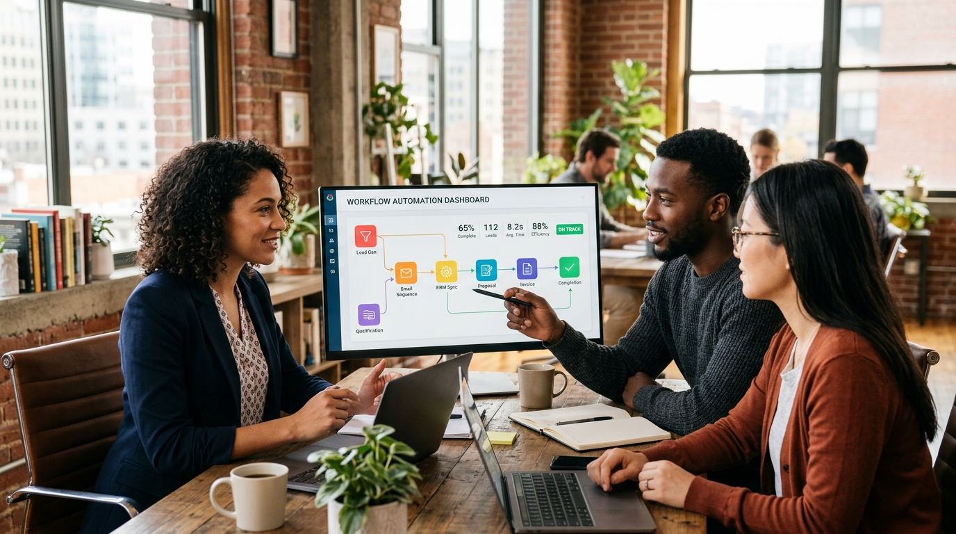 workflow automation benefits Automated Sales Machine team reviewing automated workflow dashboard in modern office