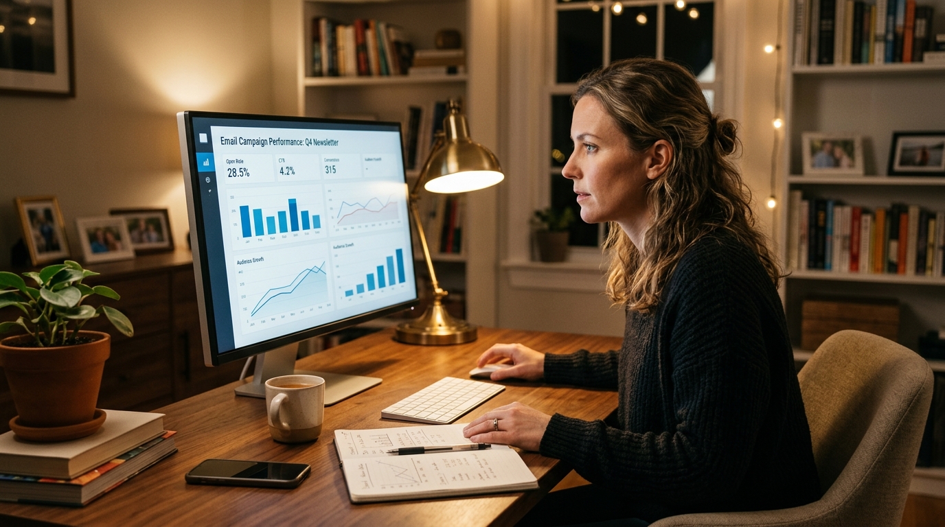 Small business owner reviewing marketing automation platform analytics - Automated Sales Machine