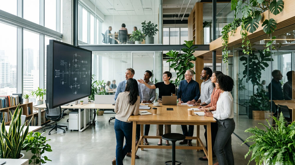A team of professionals collaborating on an ai lead generation project in a bright office.