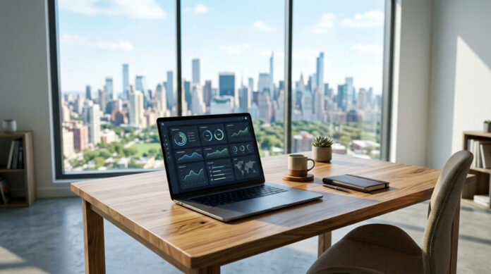 Cloud based CRM software dashboard on a laptop in a modern office
