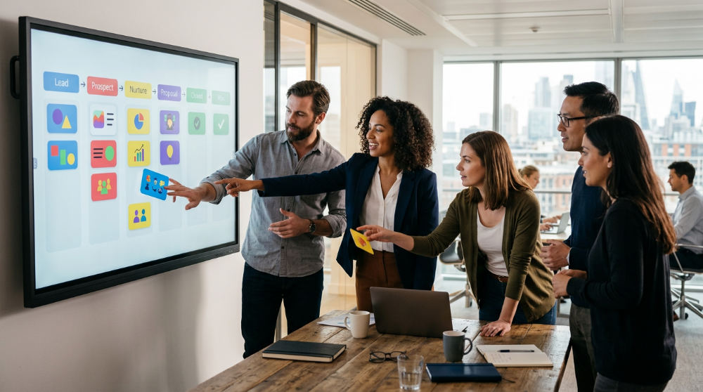 Sales team using cloud based CRM software for pipeline management