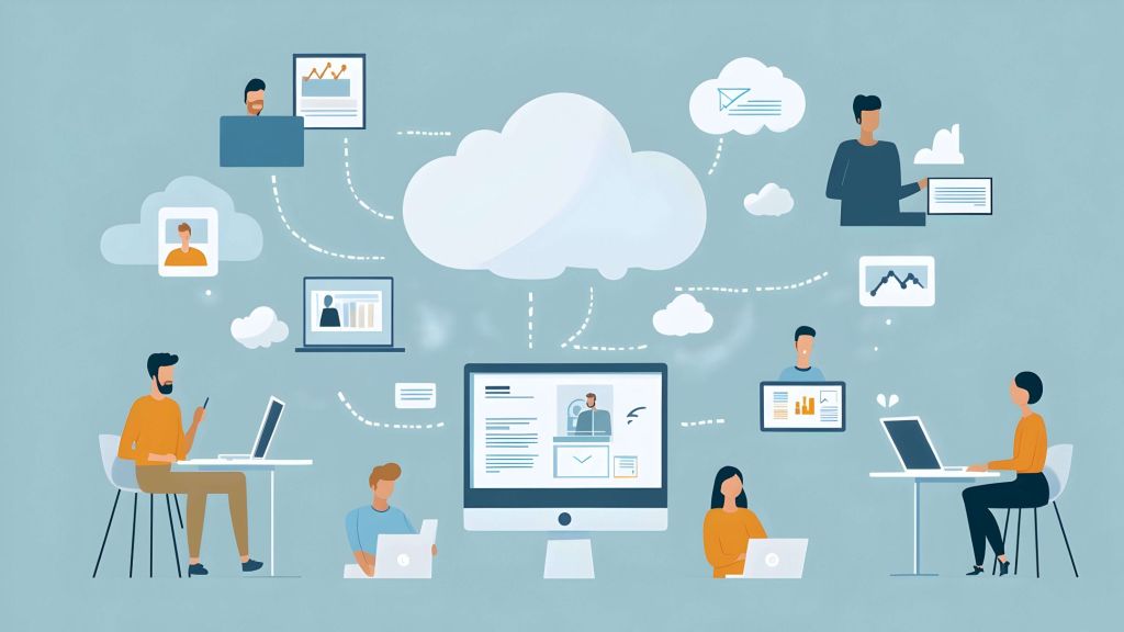 Multiple people in different places use devices while surrounded by clouds