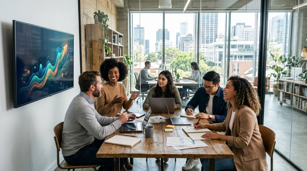 A professional content marketing agency team brainstorming strategy.