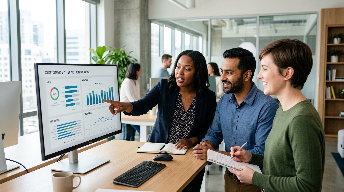 Customer success team discussing retention strategies with customer retention management platform data - Automated Sales Machine