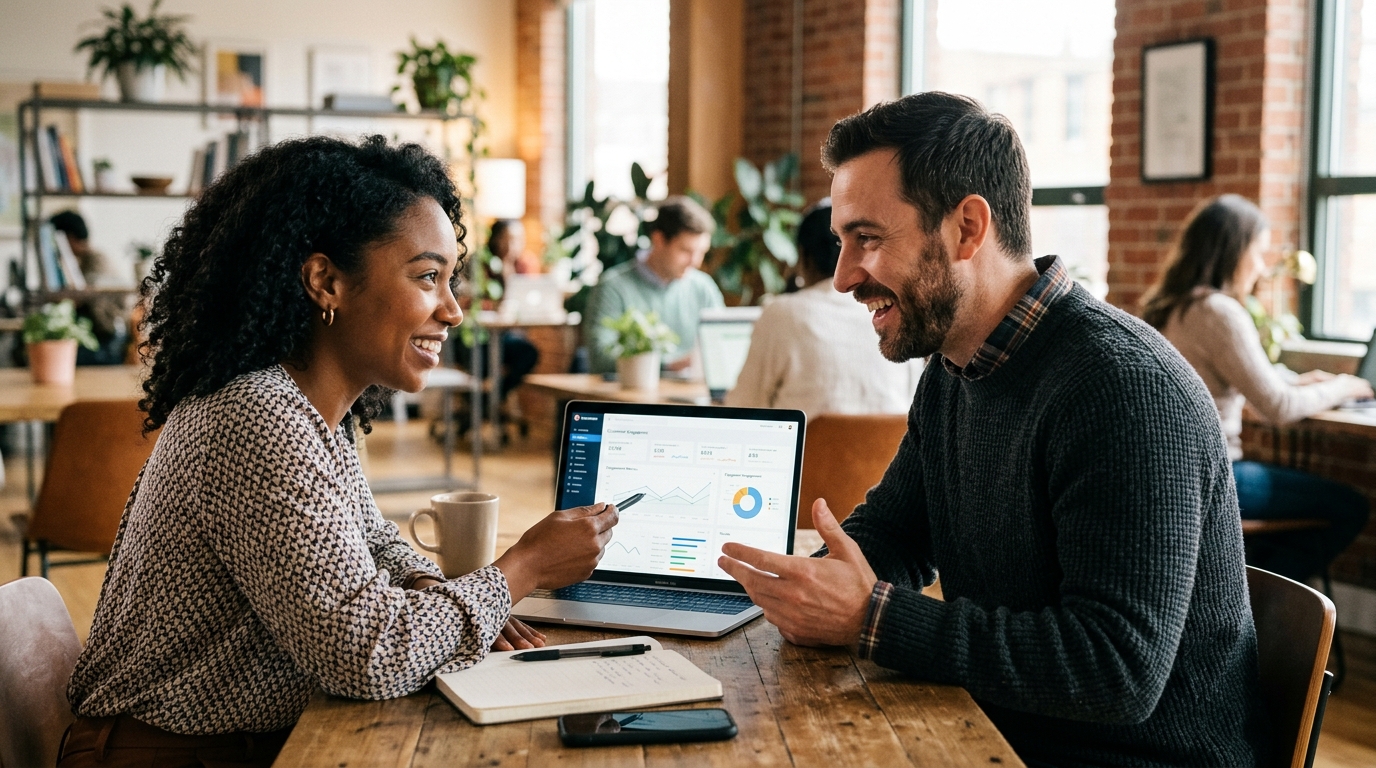 Team collaborating on a customer data management platform dashboard in a modern office, Automated Sales Machine