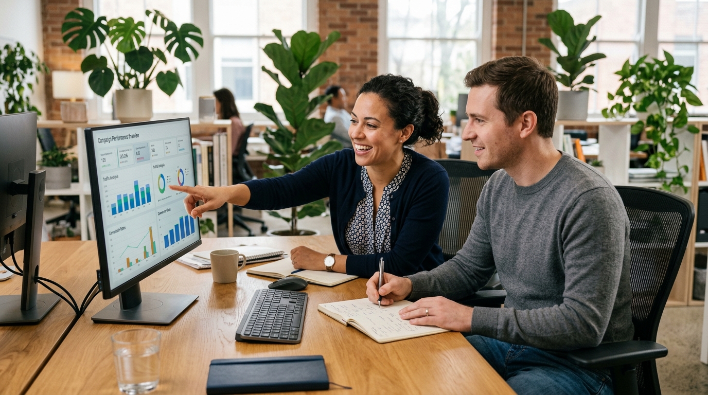 Two small business colleagues reviewing email marketing tools for small business metrics together