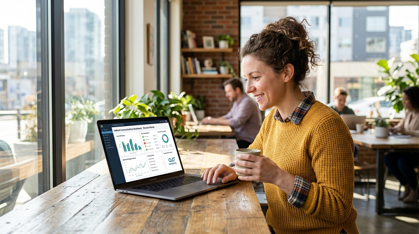 Small business owner managing customer communications on a unified customer communication management platform dashboard