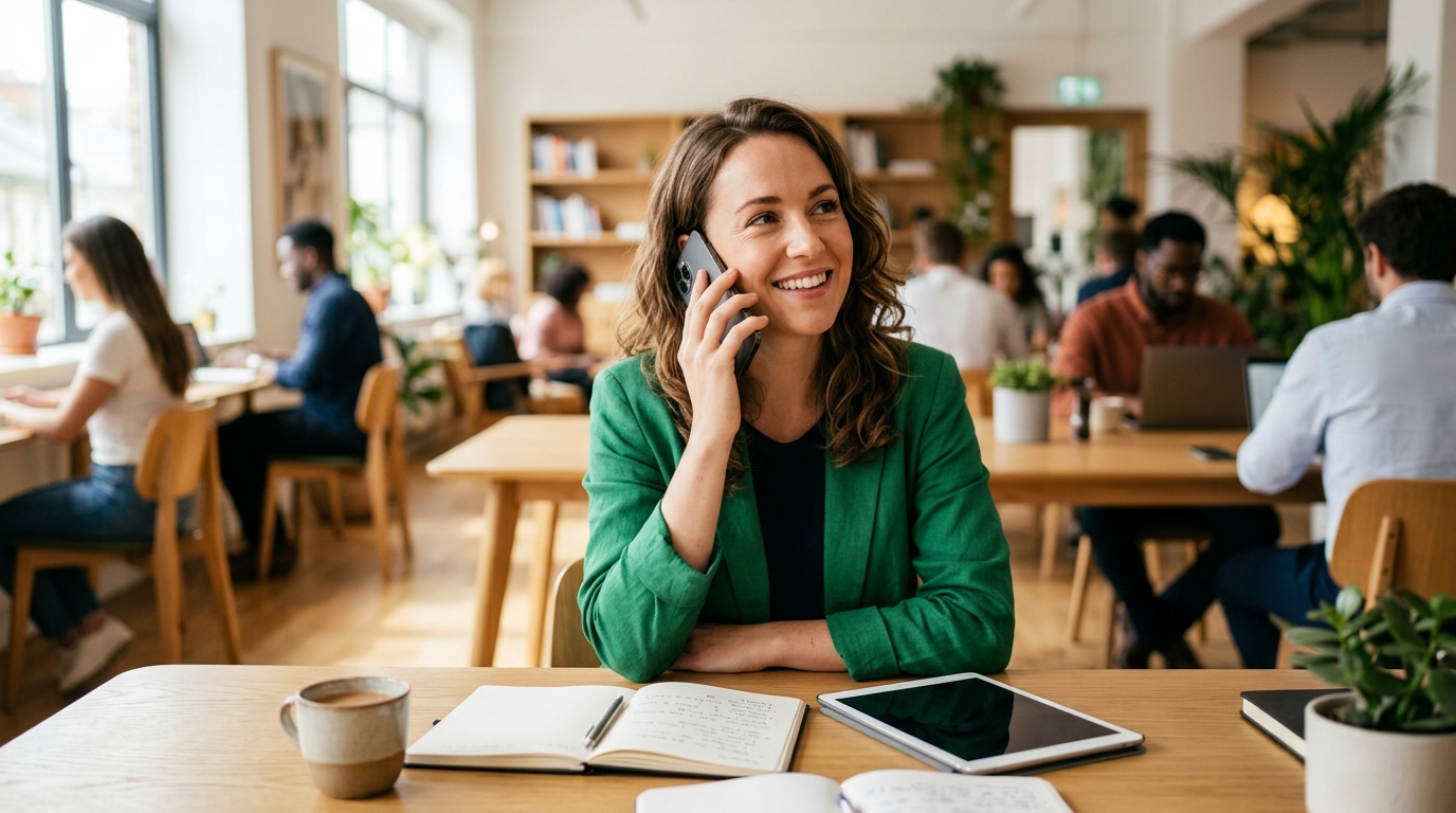 Business owner taking a client call in a bright co-working space - small business lead generation Automated Sales Machine