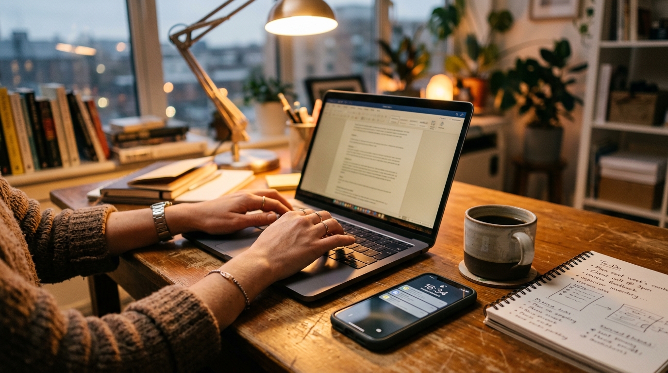 Close-up of hands typing on laptop in small business workspace - lead generation for small business Automated Sales Machine