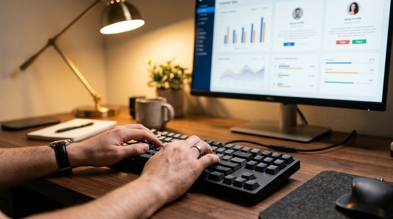 Professional monitoring customer data management platform metrics on dashboards at a modern workspace, Automated Sales Machine