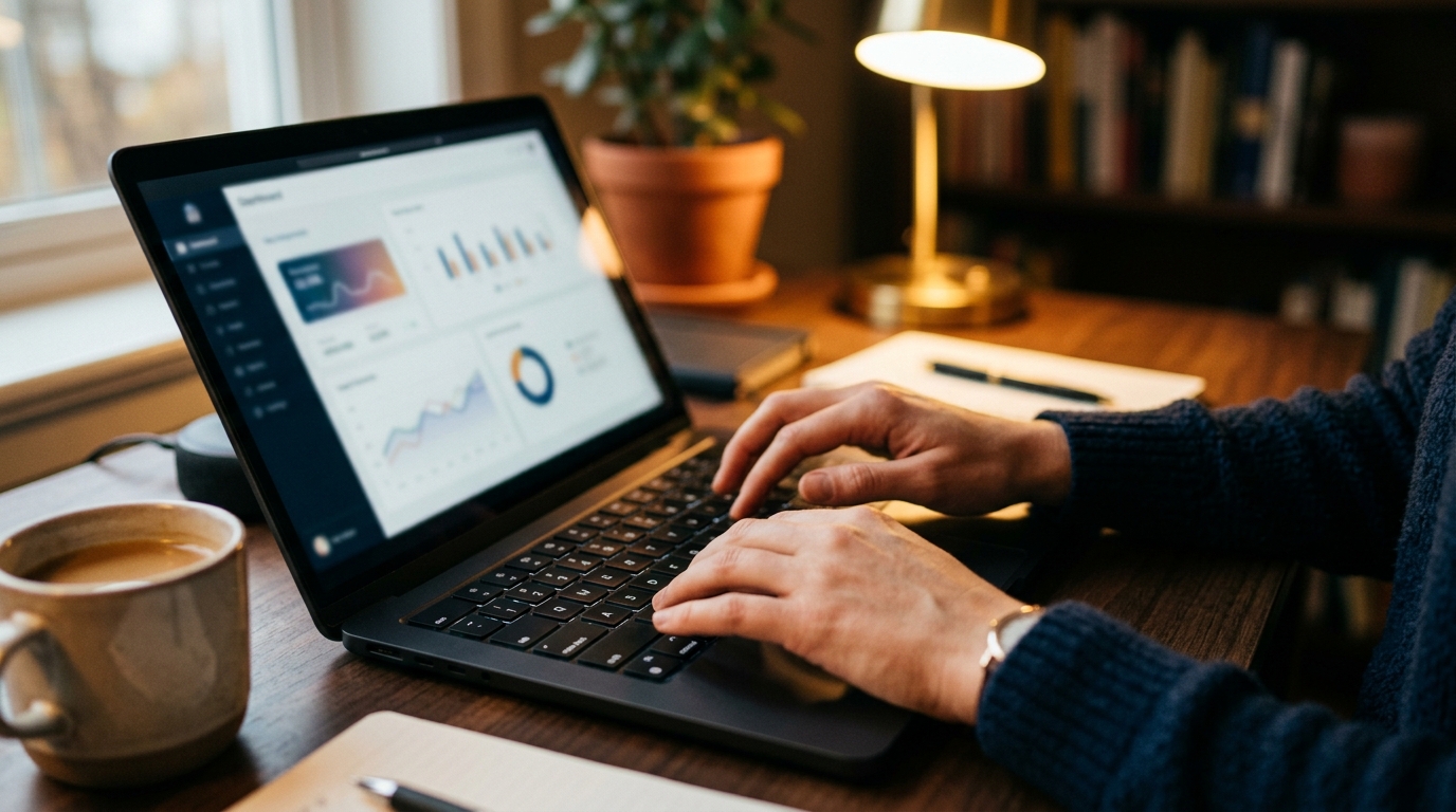 Business owner using email marketing tools for small business on laptop in productive home office