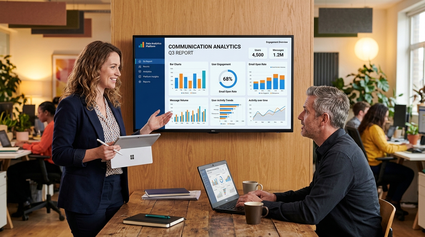 Two professionals reviewing customer communication analytics on a customer communication management platform dashboard