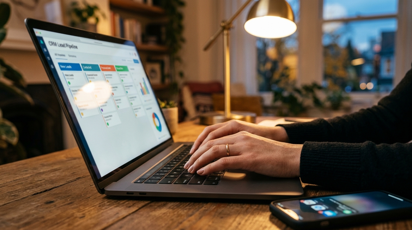 Business owner hands typing on a laptop with CRM lead pipeline visible - small business lead generation Automated Sales Machine