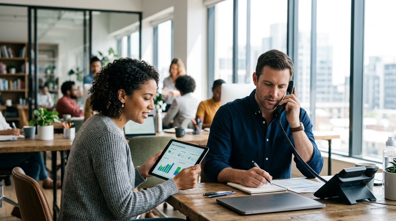 Two team members using a cloud-based business phone system in a bright modern office - Automated Sales Machine