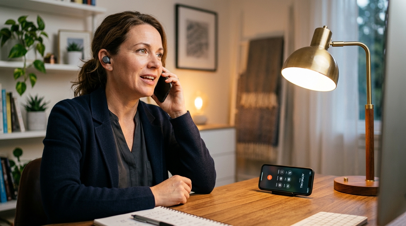 Business owner on a call using a cloud-based business phone system in a home office - Automated Sales Machine