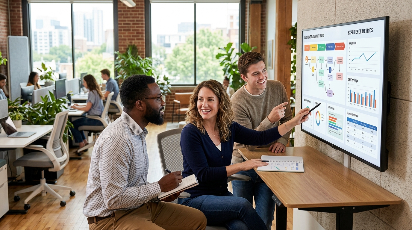 customer experience team reviewing customer experience management platform metrics