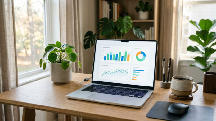 A digital marketing platform for small businesses displayed on a laptop in a bright office.