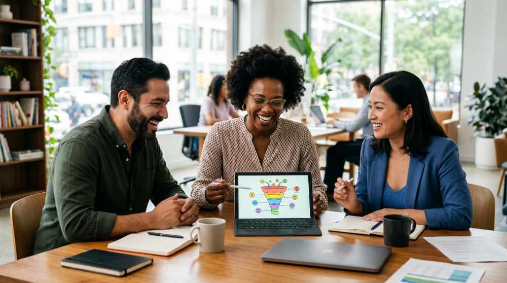 A professional team managing a digital marketing platform for small businesses.