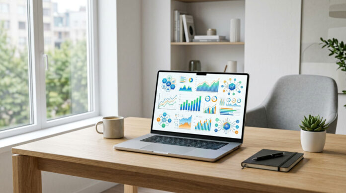 A professional desk setup featuring a unified dashboard of ai marketing tools used for business growth.